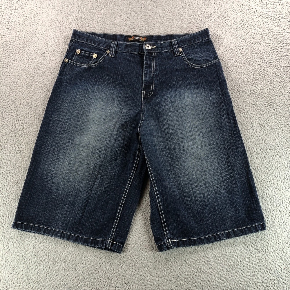 Vintage BKLYN Shorts Mens 38 Blue Faded Baggy Wide Leg Y2K Skater Denim Jorts